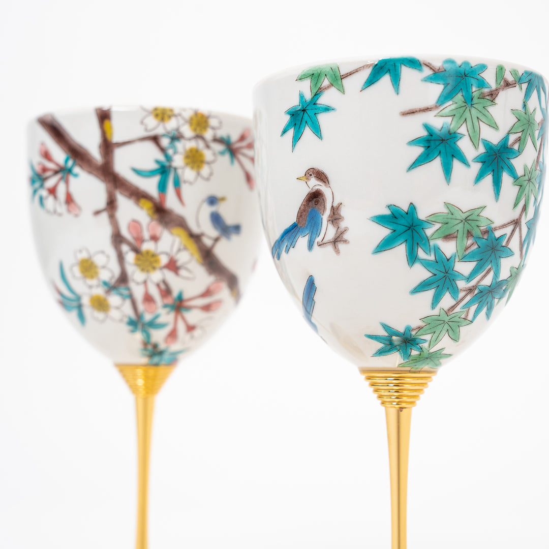 Handmade Kutani Porcelain Wine Cups Gift Set Cherry Blossom & Maple Elegance