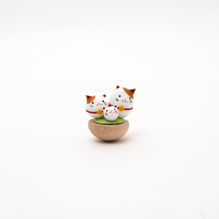 Ryukodo mini cat daruma figurine, Japanese lucky wobble cat ornament with three smiling cats on wooden base