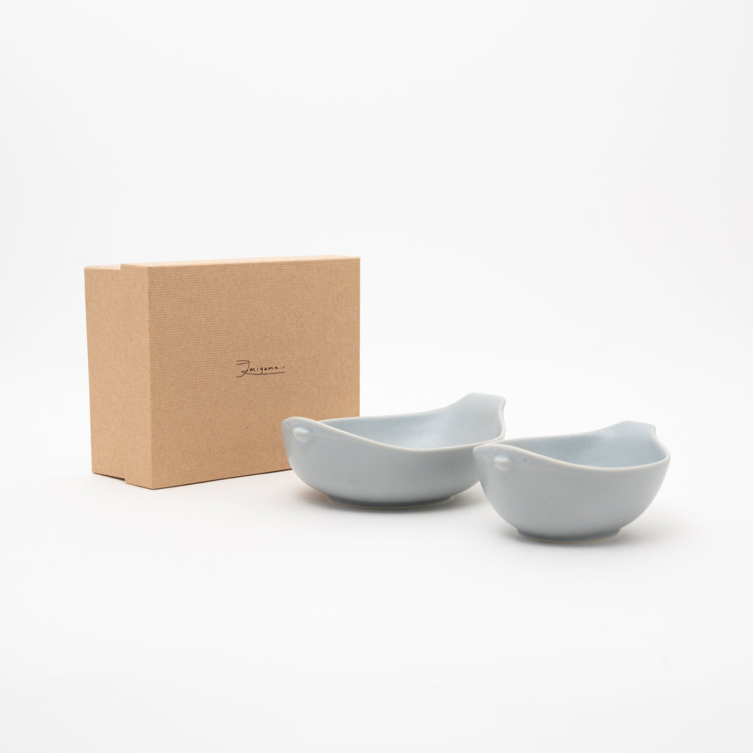 Japanese cotori bird bowl set in gray matte porcelain, 2-piece gift set with rice bowl and multi bowl