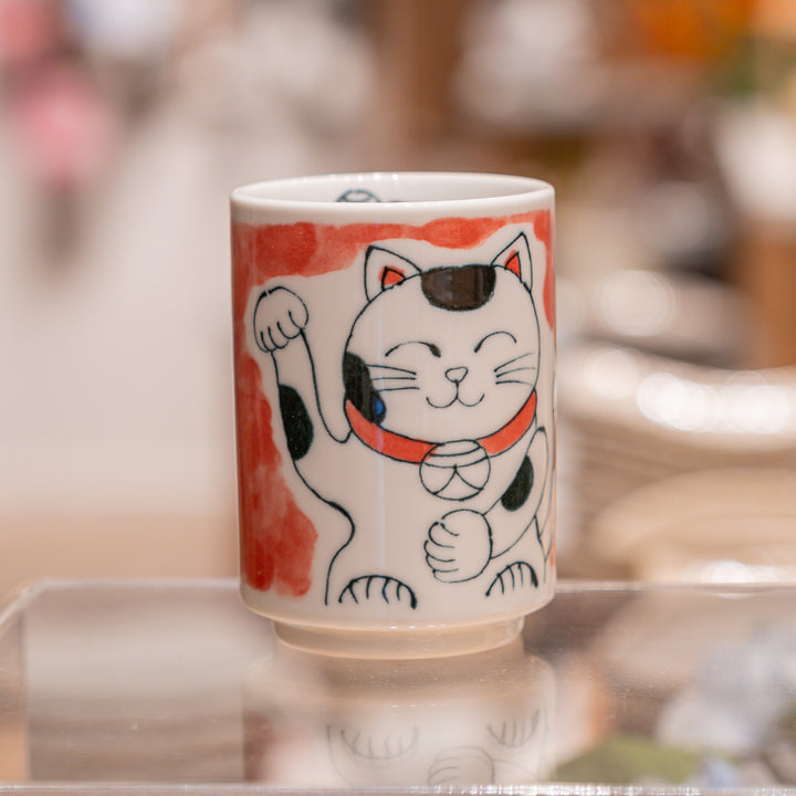 Japanese Maneki-Neko Lucky Cat Porcelain Cup | Red