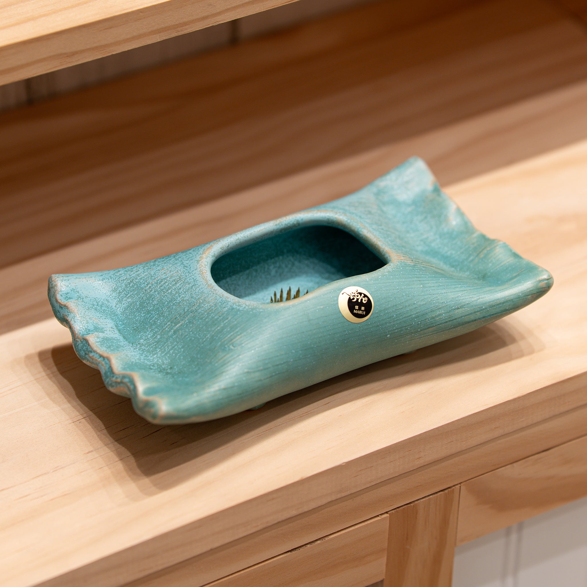 Shigaraki Ware Teal Moribana Ikebana Vase with Kenzan | Great Zakka