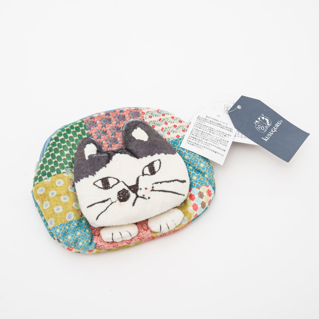 Patchwork Cat Mini Pouch – Quilted Coin Purse with Tail Zipper
