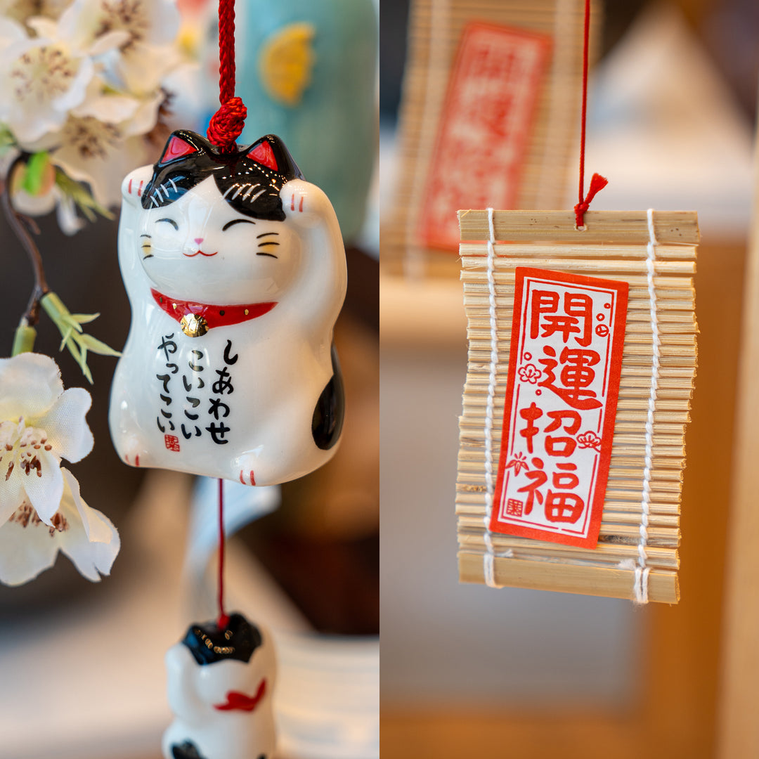 Yakushi Kiln Colored Maneki Neko Wind Chime beckoning cats -Black