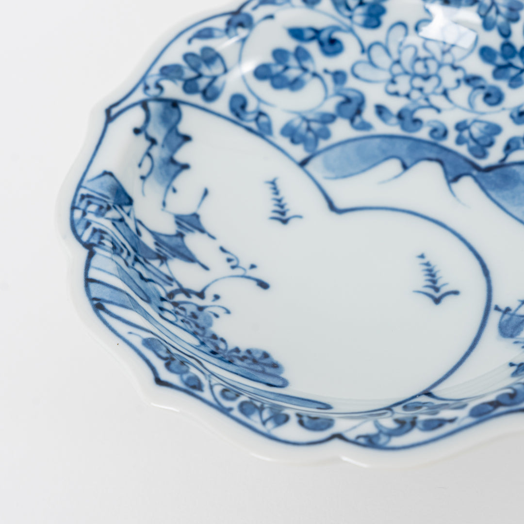 High stand pedestal porcelain sauce dish with scalloped edges, 4 inch diameter, made in Japan