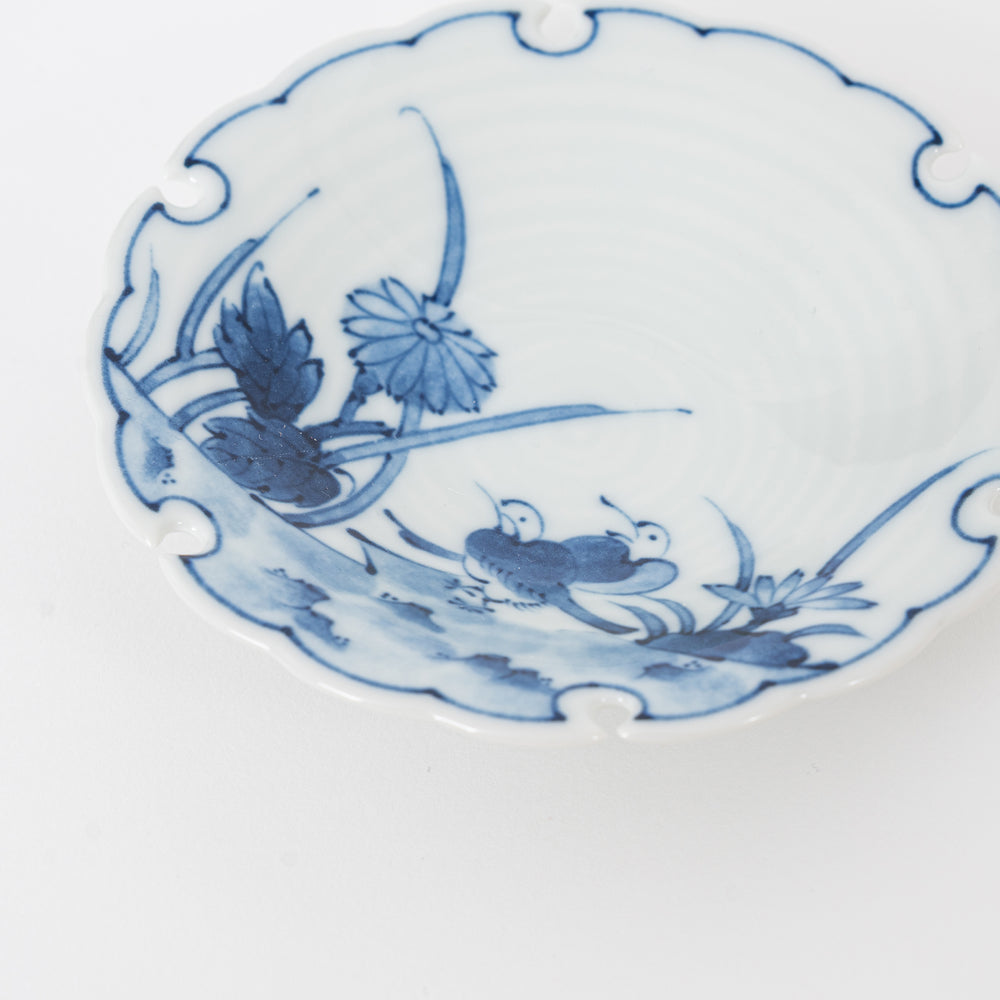 Hasami Ware Japanese ceramic small dish with blue and white bird and flower motif - 4.4 inch