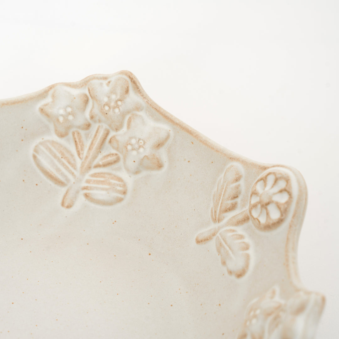handmade mashiko ceramic bowl with embossed floral design
