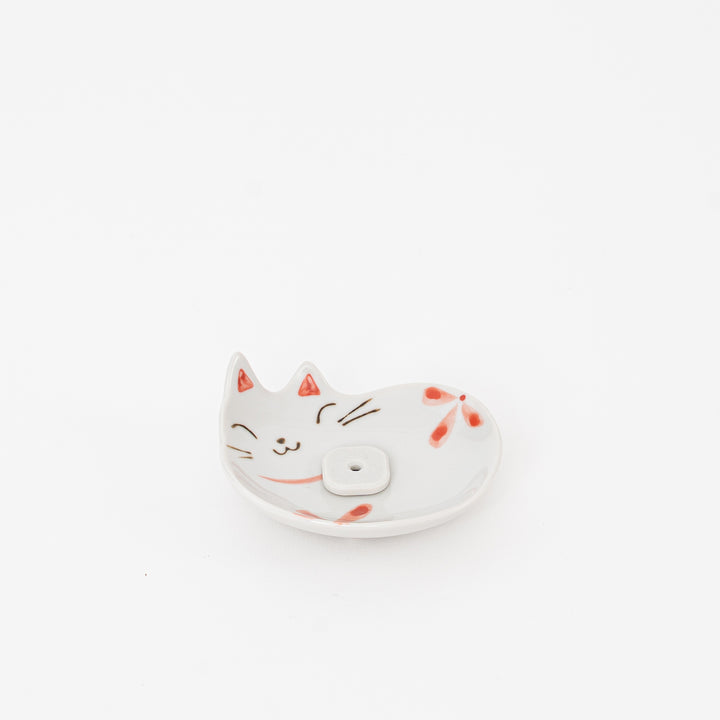 White & Red Japanese Ceramic Cat Incense Holder
