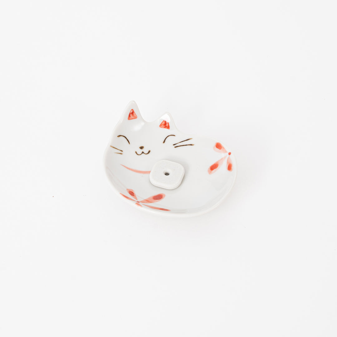 White & Red Japanese Ceramic Cat Incense Holder