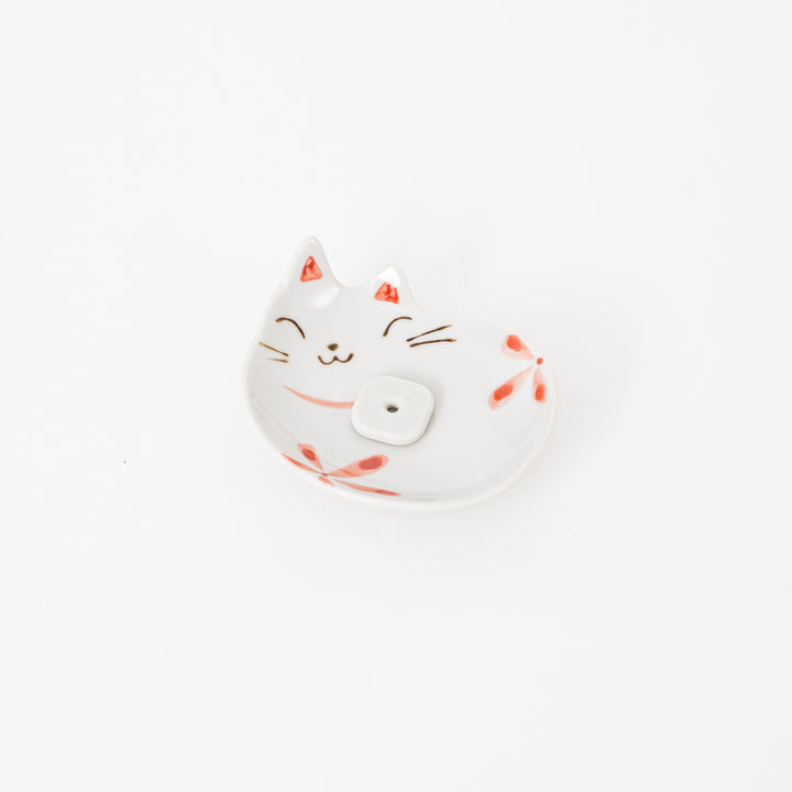 White & Red Japanese Ceramic Cat Incense Holder