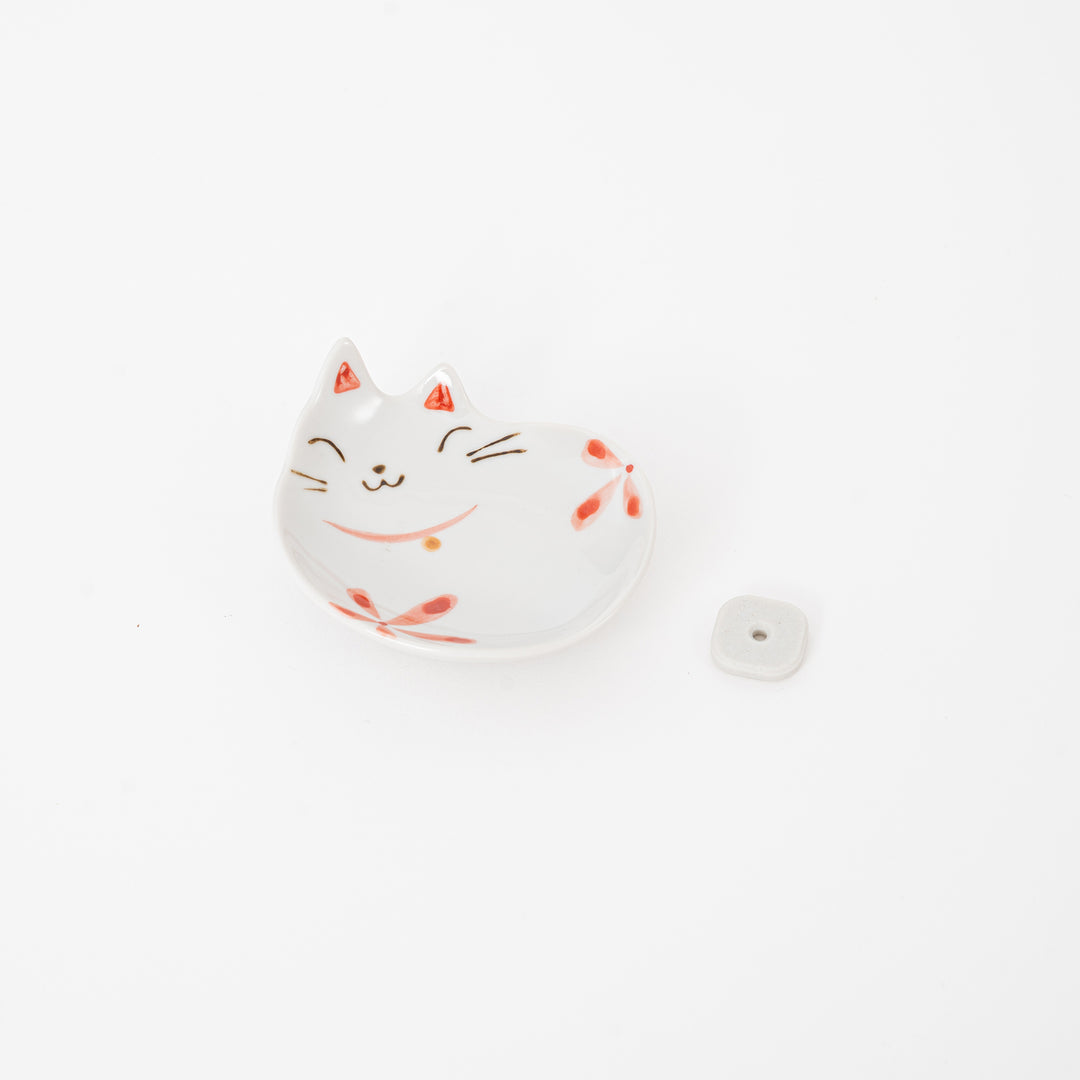 White & Red Japanese Ceramic Cat Incense Holder