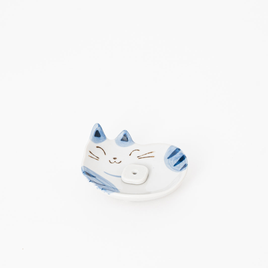 Blue Japanese ceramic cat incense holder with removable insert, made in Japan