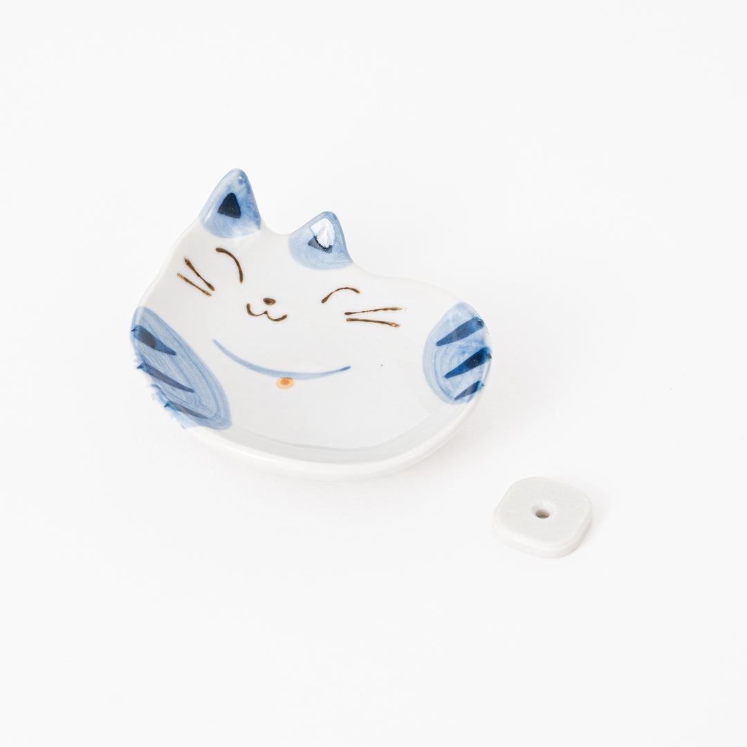 Blue Japanese Ceramic Cat Incense Holder