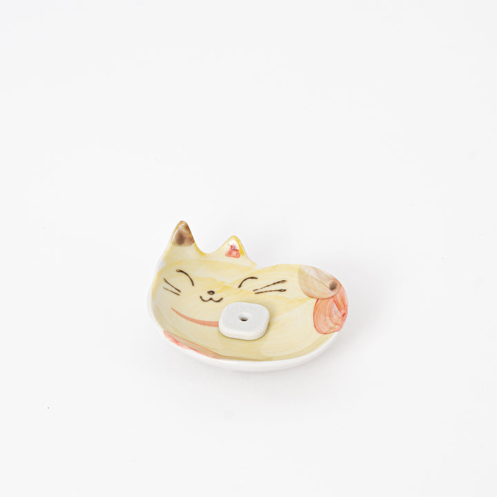 Japanese yellow ceramic cat incense holder with removable insert, made in Japan