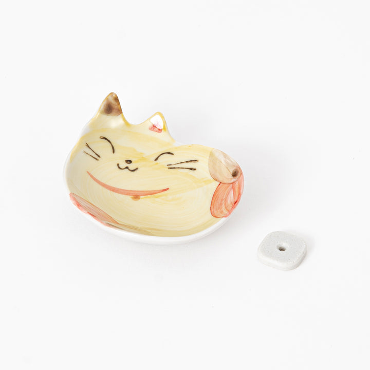 Yellow Japanese Ceramic Cat Incense Holder