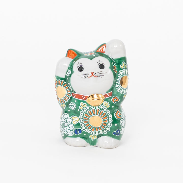 Premium Kutani Ware Maneki Neko hand-painted Japanese lucky cat with real gold accents, green floral design