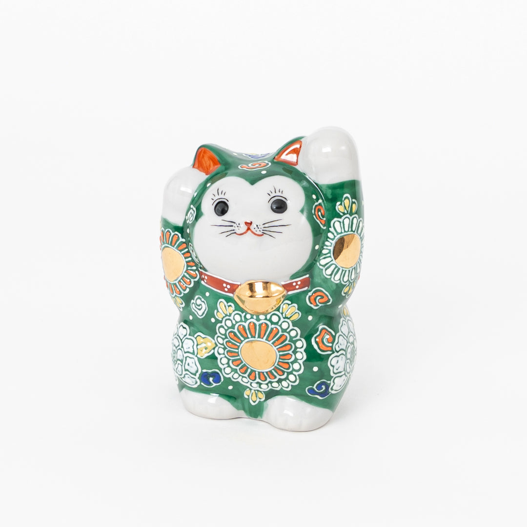 Premium Kutani Ware Maneki Neko – Green Hand-Painted Lucky Cat with Real Gold