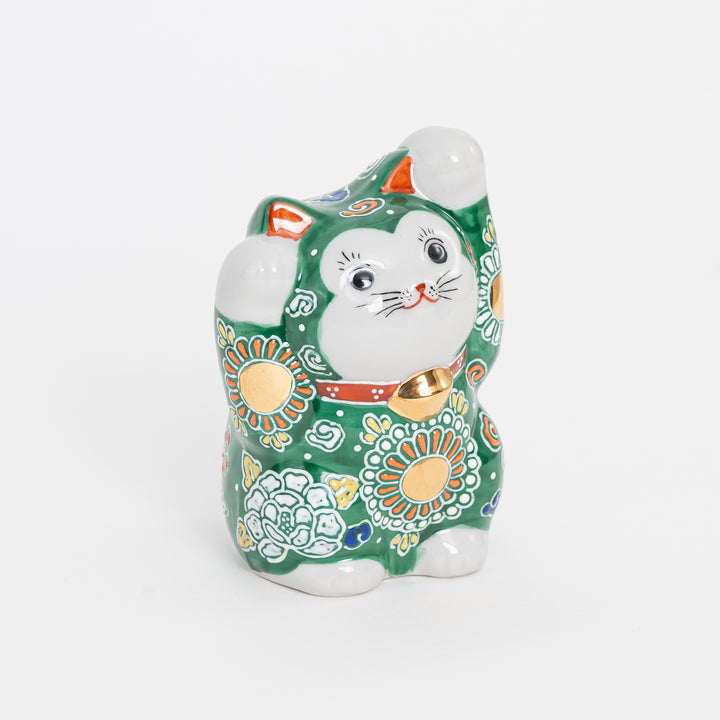 Premium Kutani Ware Maneki Neko – Green Hand-Painted Lucky Cat with Real Gold