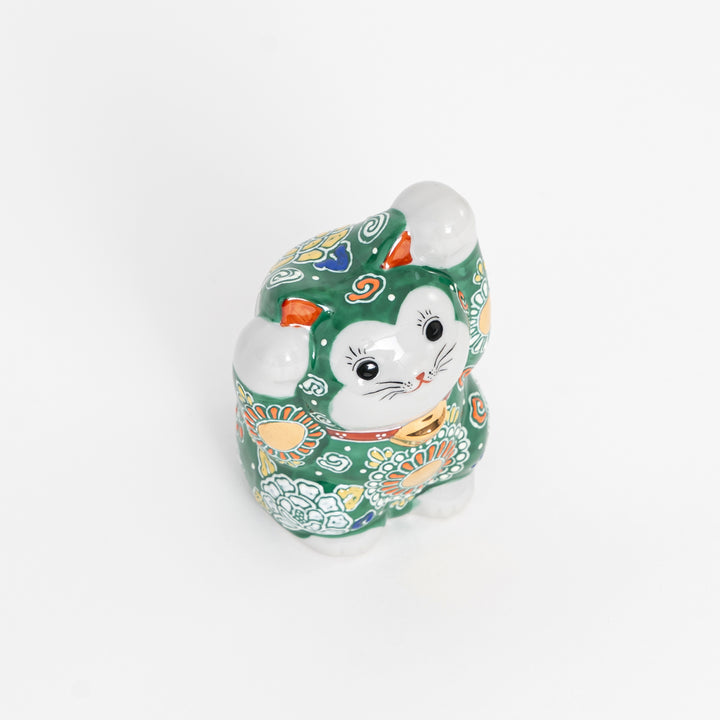 Premium Kutani Ware Maneki Neko – Green Hand-Painted Lucky Cat with Real Gold
