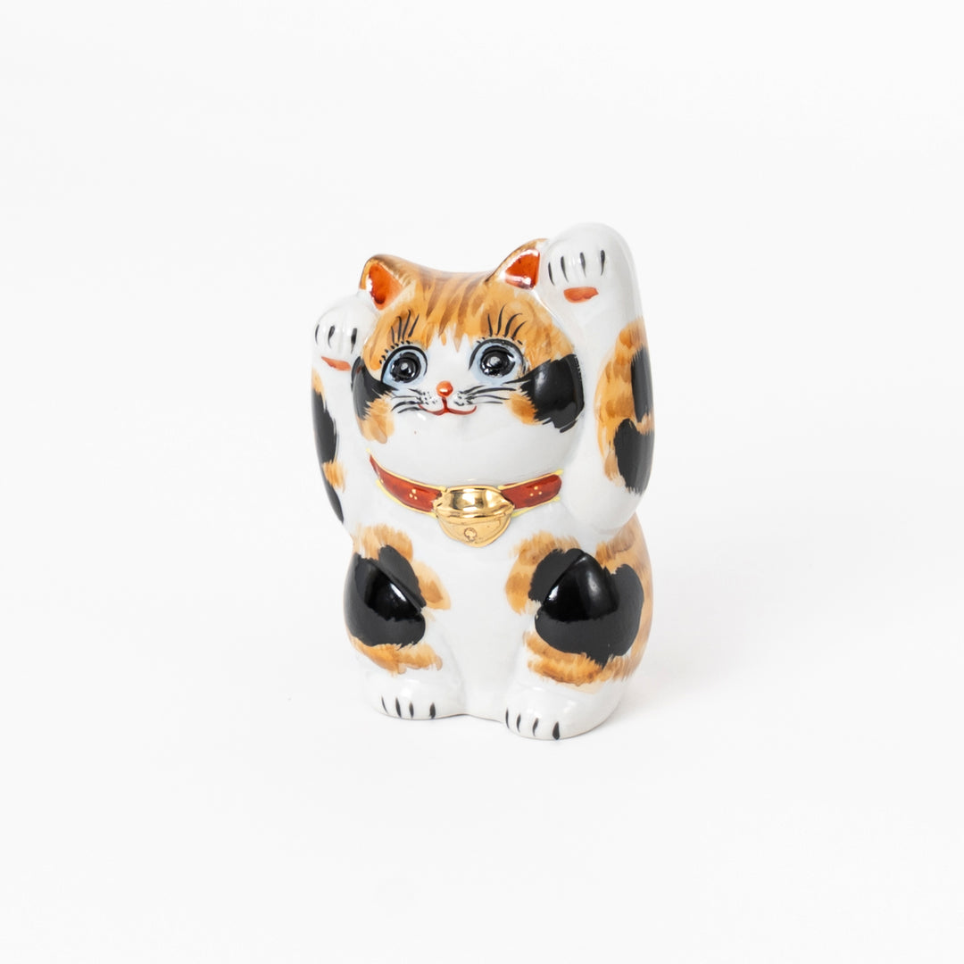 Calico Both Paws Raised Lucky Cat - Hand-Painted Kutani Yaki