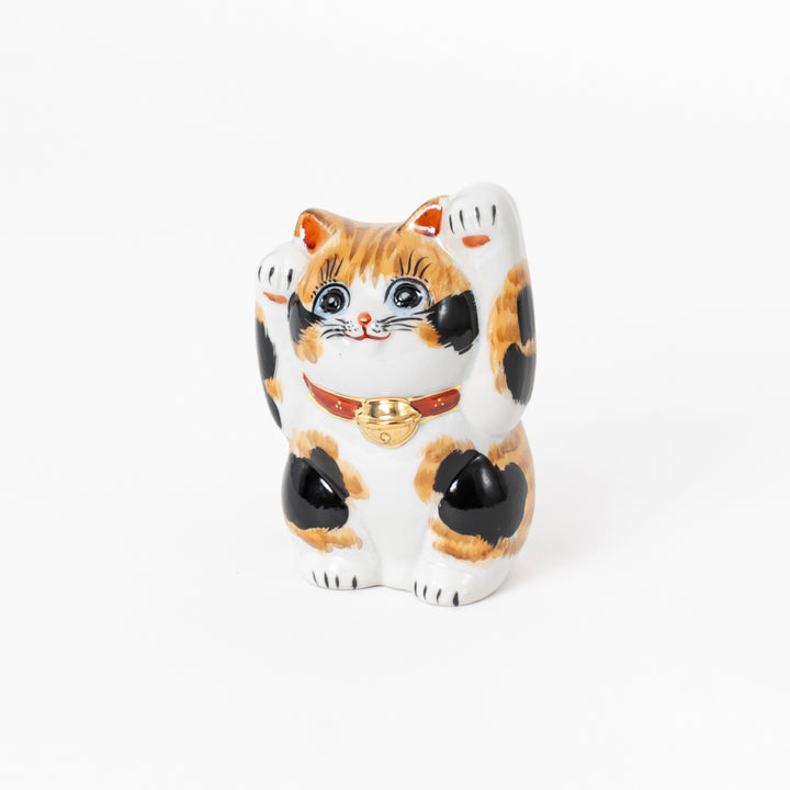 Calico Both Paws Raised Lucky Cat - Hand-Painted Kutani Yaki