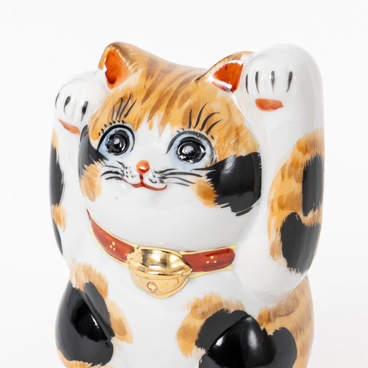 Calico Both Paws Raised Lucky Cat - Hand-Painted Kutani Yaki