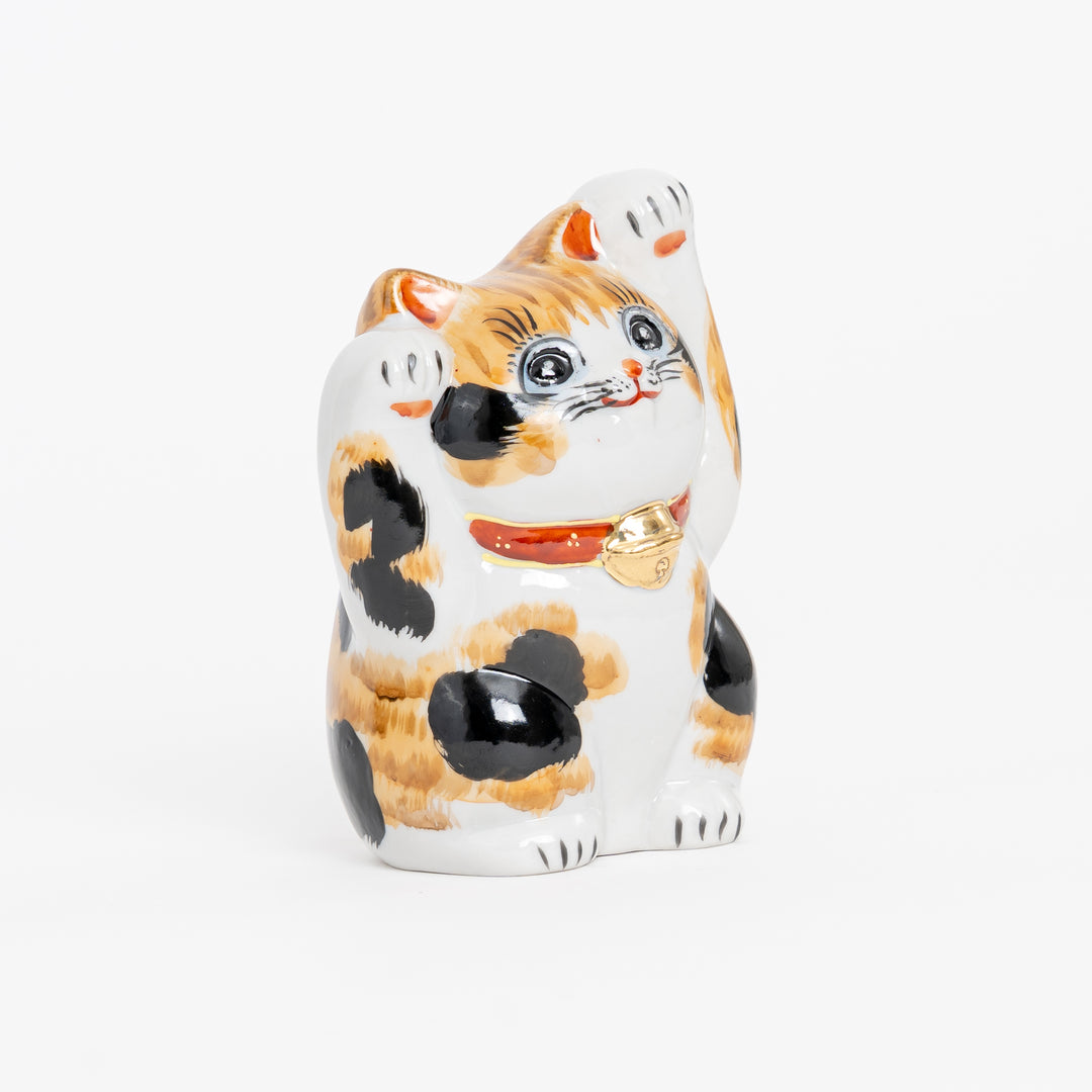 Calico Both Paws Raised Lucky Cat - Hand-Painted Kutani Yaki