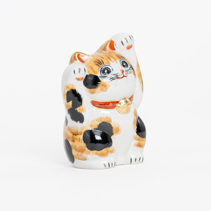 Calico Both Paws Raised Lucky Cat - Hand-Painted Kutani Yaki