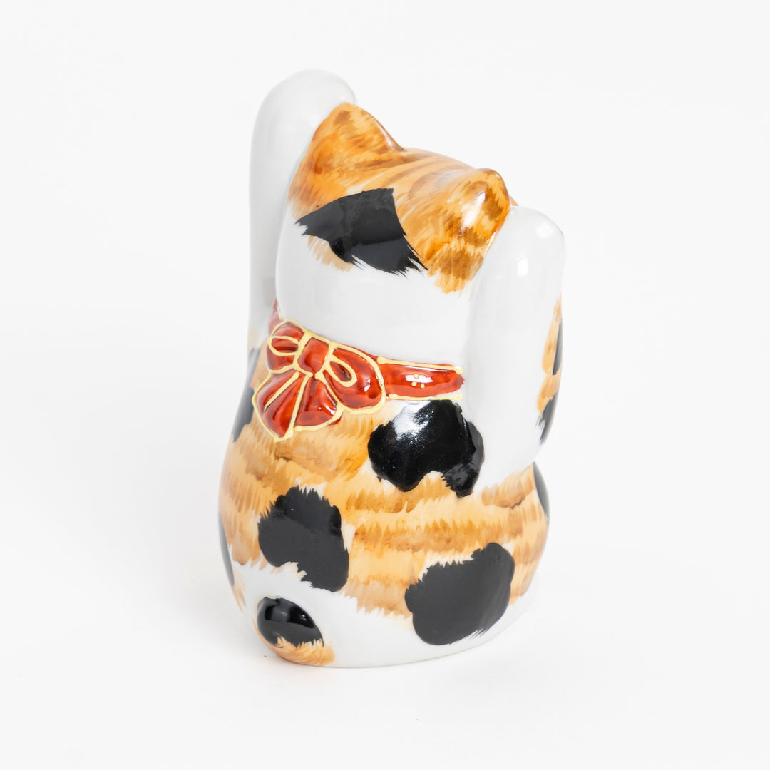 Calico Both Paws Raised Lucky Cat - Hand-Painted Kutani Yaki