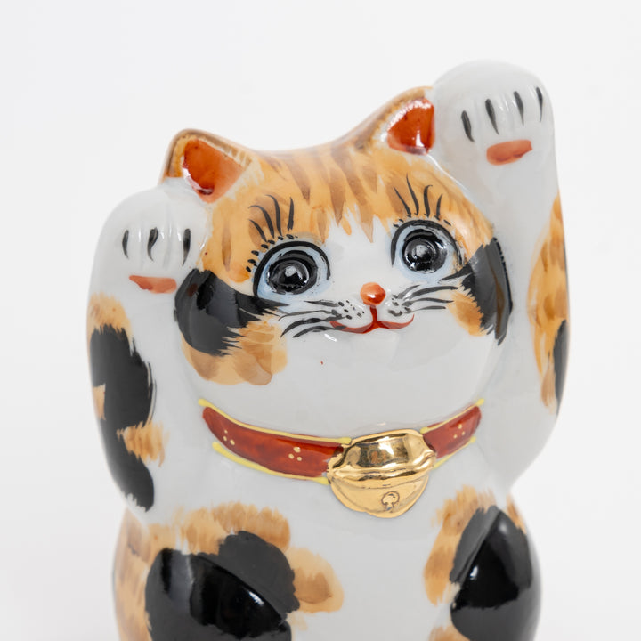 Calico Both Paws Raised Lucky Cat - Hand-Painted Kutani Yaki