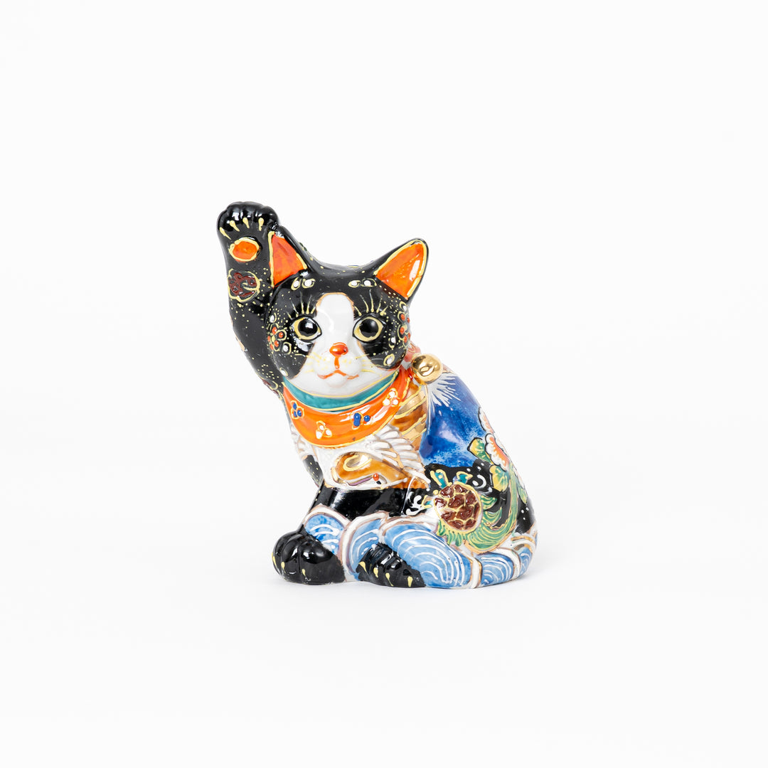 Authentic Japanese Kutani Ware Maneki Neko with right paw raised, hand-painted with vibrant "Man-e" motifs including Mount Fuji and Peonies.