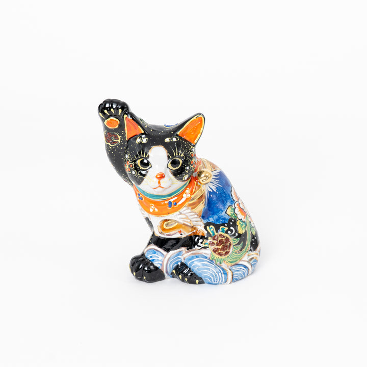 Kutani Ware "Man-e" Maneki Neko - Hand-Painted Beckoning Cat (6.6")