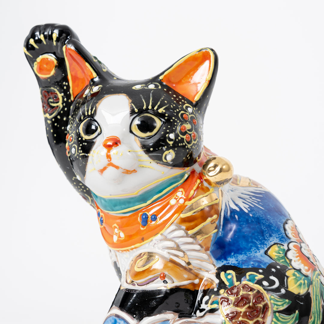 Kutani Ware "Man-e" Maneki Neko - Hand-Painted Beckoning Cat (6.6")