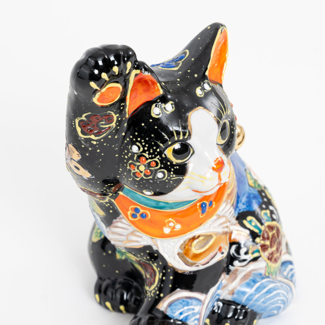 Kutani Ware "Man-e" Maneki Neko - Hand-Painted Beckoning Cat (6.6")