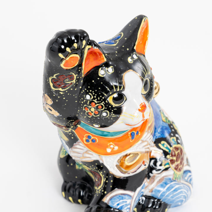 Kutani Ware "Man-e" Maneki Neko - Hand-Painted Beckoning Cat (6.6")