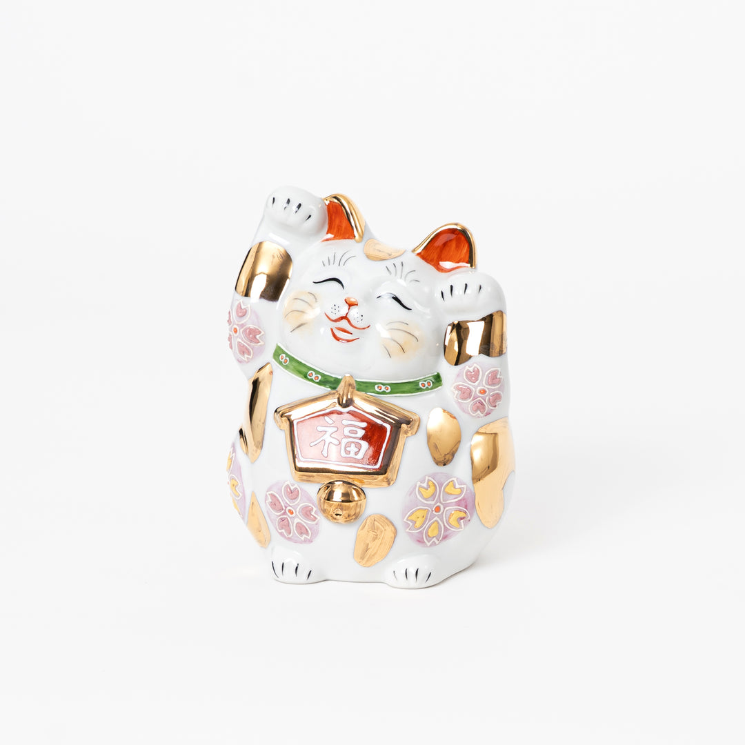 Dual-Paw Fuku Maneki Neko with Gold Sakura – Handmade Kutani (5.5")