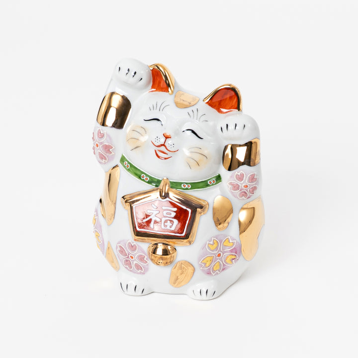 Dual-Paw Fuku Maneki Neko with Gold Sakura – Handmade Kutani (5.5")