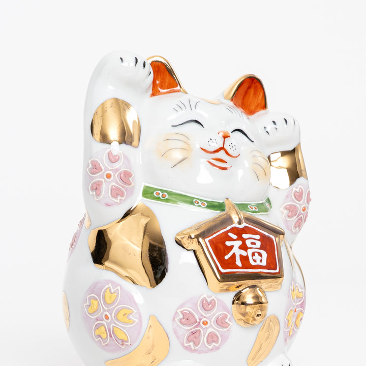 Dual-Paw Fuku Maneki Neko with Gold Sakura – Handmade Kutani (5.5")