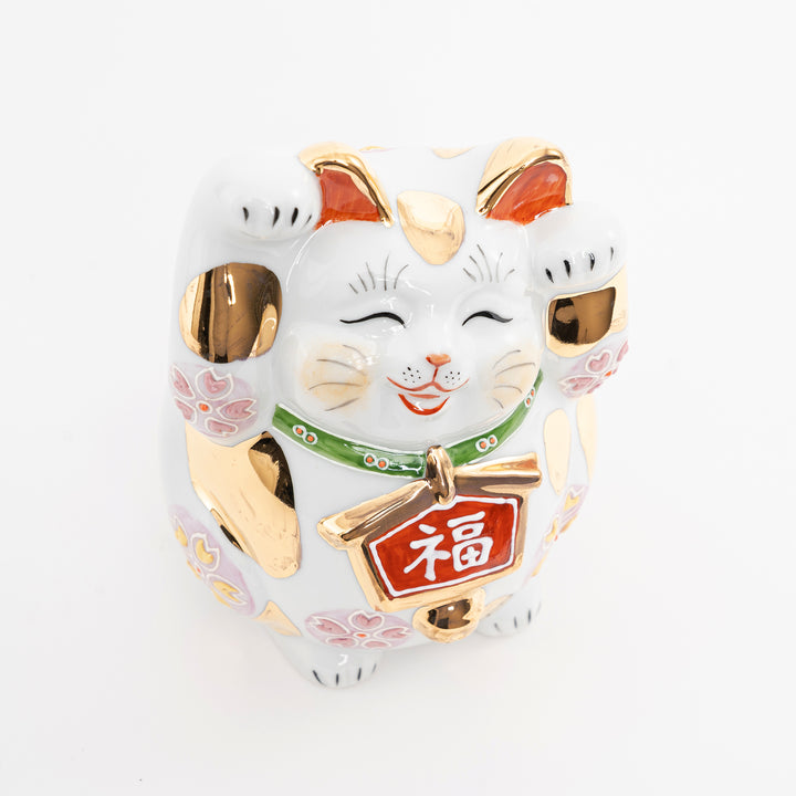 Dual-Paw Fuku Maneki Neko with Gold Sakura – Handmade Kutani (5.5")