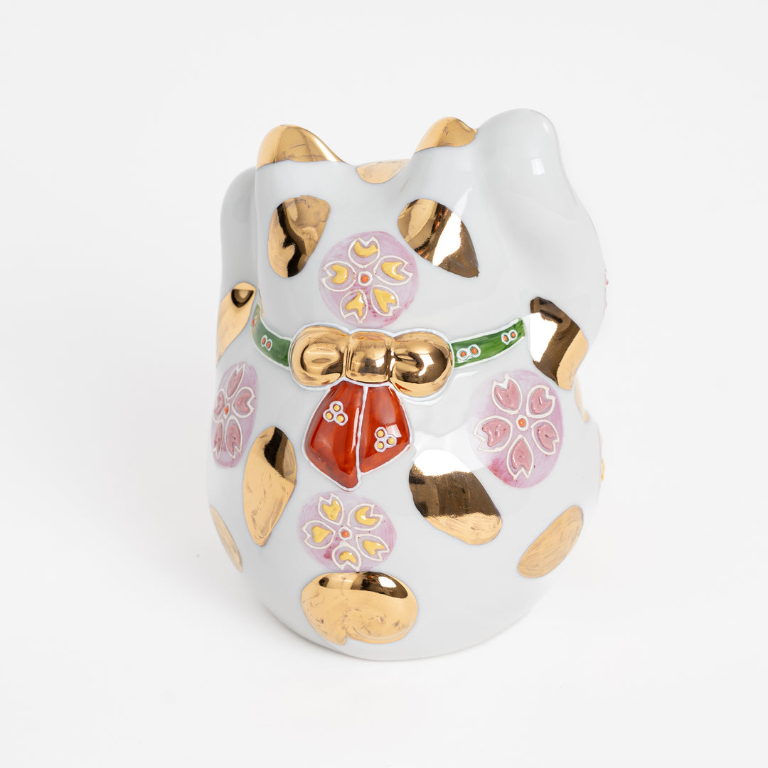 Dual-Paw Fuku Maneki Neko with Gold Sakura – Handmade Kutani (5.5")