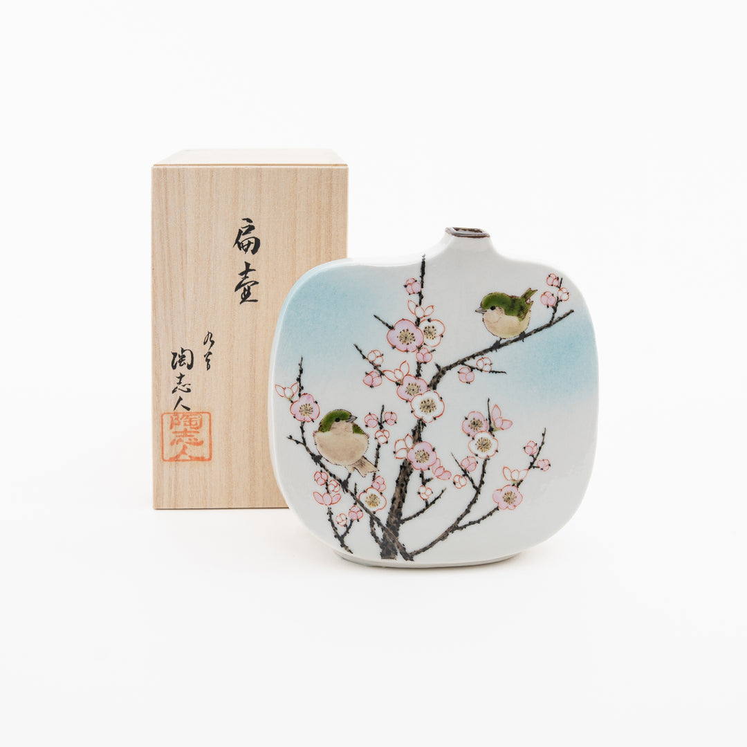 Kutani plum blossom and bush warbler art vase by Nakamura Toshito