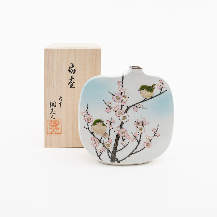Kutani plum blossom and bush warbler art vase by Nakamura Toshito