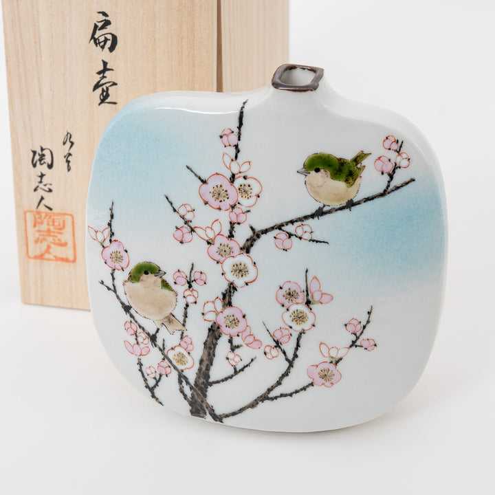 Hand-painted Kutani ceramic vase with plum blossoms and warbler