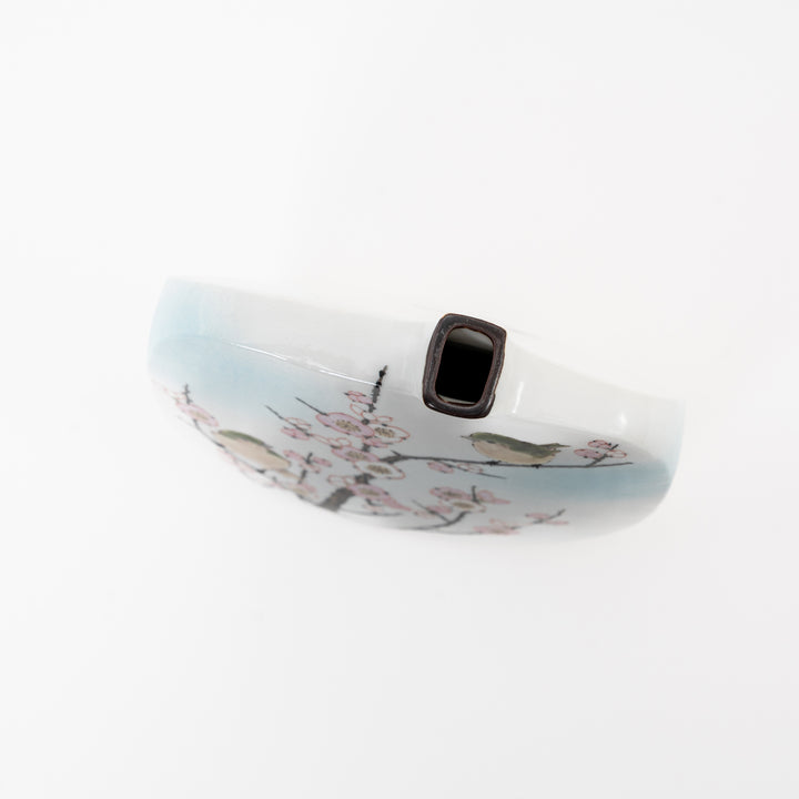 Sculptural Kutani vase featuring plum blossom and bush warbler motif