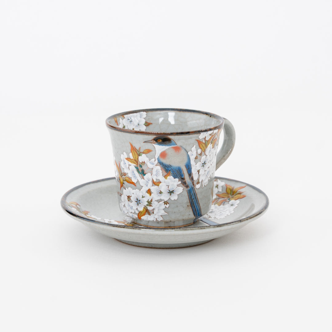 Hand-painted Kutani ware teacup and saucer with bird and cherry blossom design, Japanese ceramic tea cup set