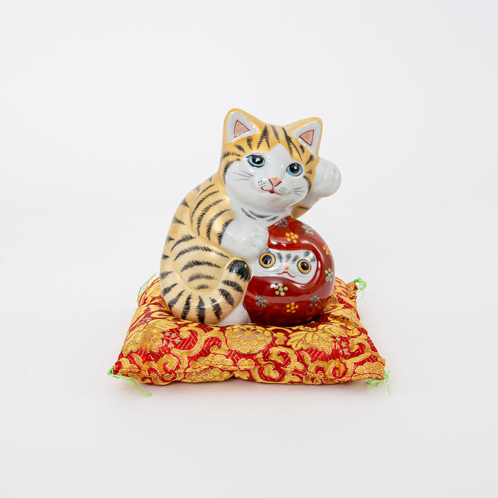 Kutani ware lucky cat figurine with Daruma, handcrafted Japanese porcelain statue shipped from USA