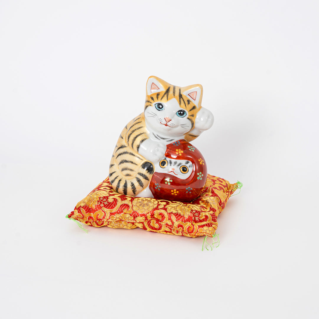 Kutani ware lucky cat statue symbolizing good fortune, Japanese handcrafted decorative figurine