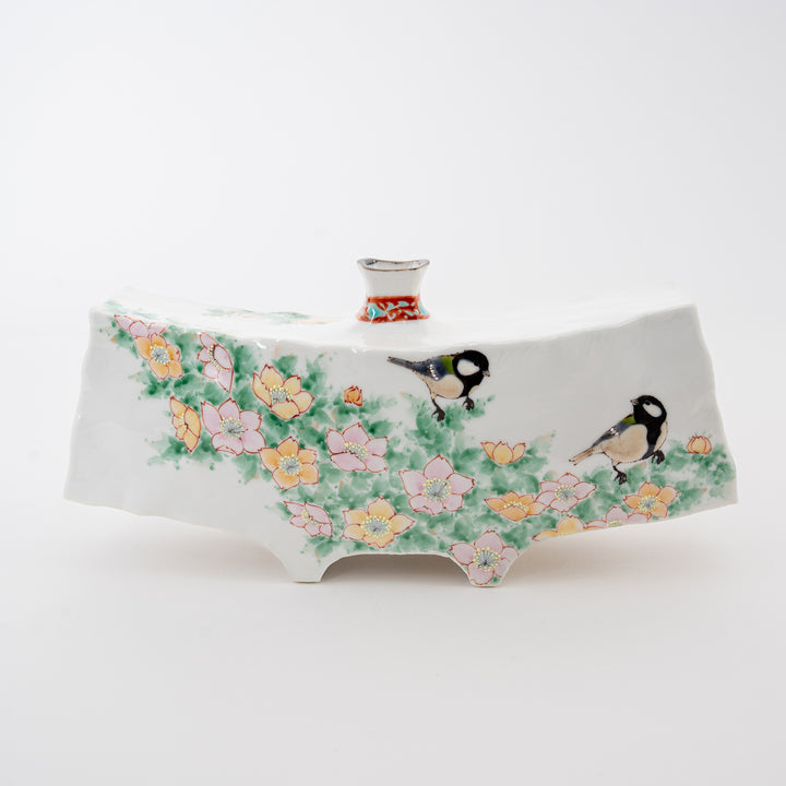 Japanese Kutani art vase with sakura flowers and sparrow design, collectible ceramic