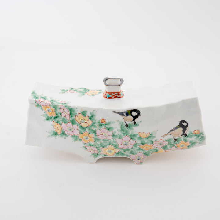 Kutani ware sakura and sparrow art vase by Nakamura Toshito, hand-painted Japanese ceramic