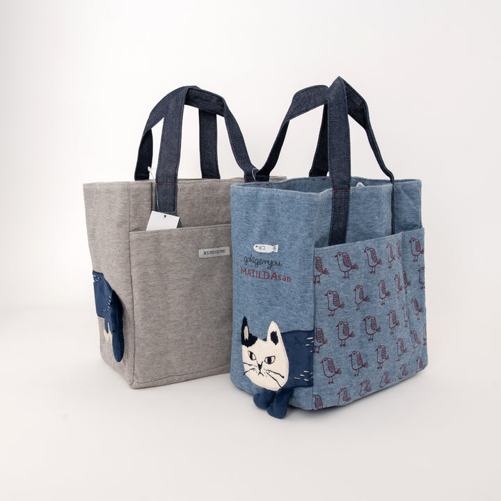 MATILDAsan Cat Canvas Tote Bag with Side Pocket - Gray / Blue