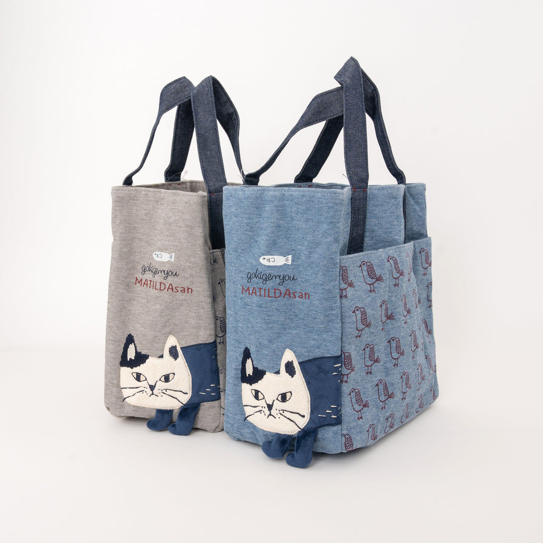 Kusuguru Japan MATILDAsan cat canvas tote bag in gray and blue with side pocket and embroidered character design
